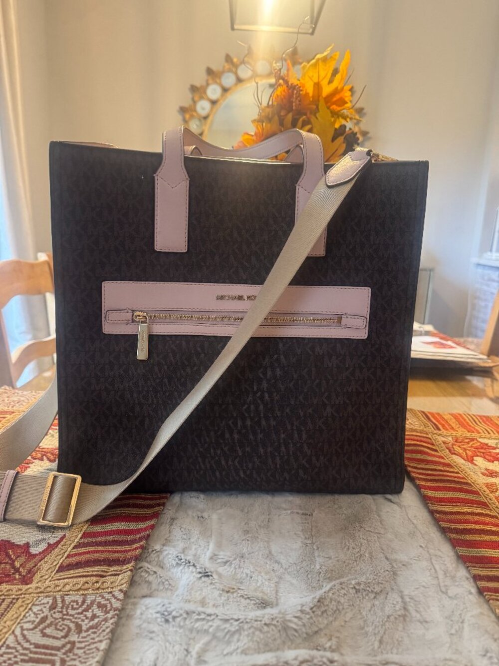 Michael Kors large signature-logo tote in classic brown with soft blush-pink tri